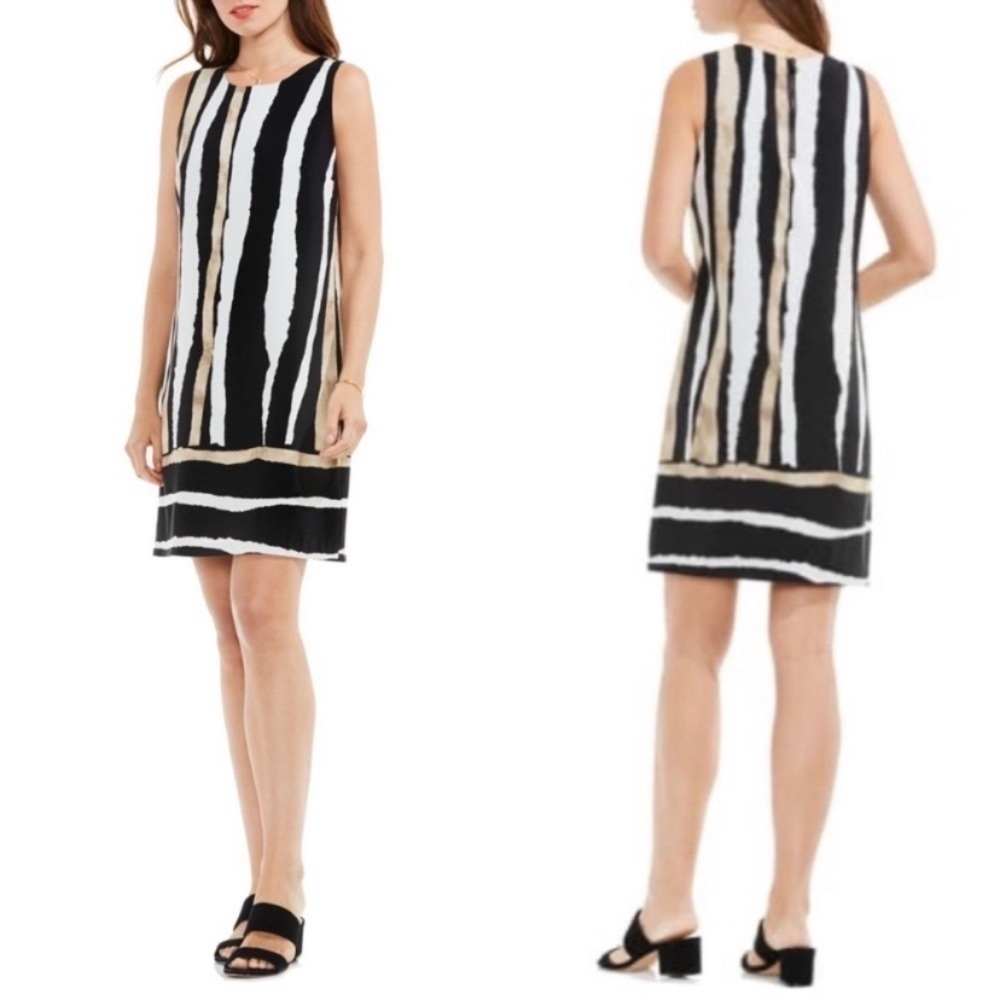 Vince Camuto Linear Terrain Shift Dress‎ Black White Neutral Stripe 4P Lined